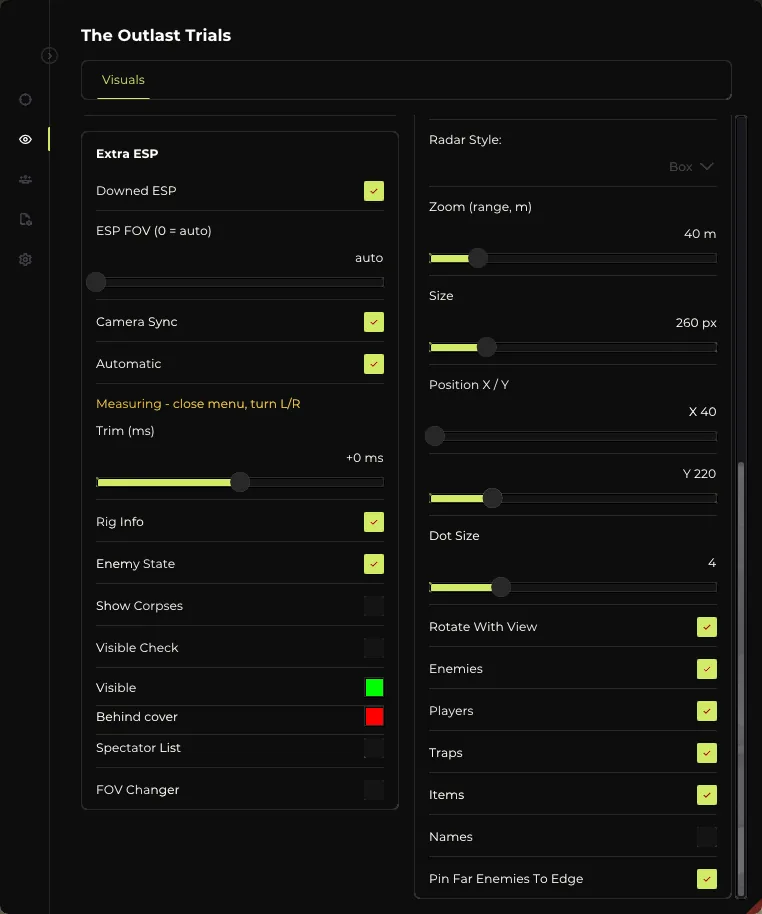 Elysium menu Visual tab: hiding spots, generator, poster, trap, container and objective ESP options