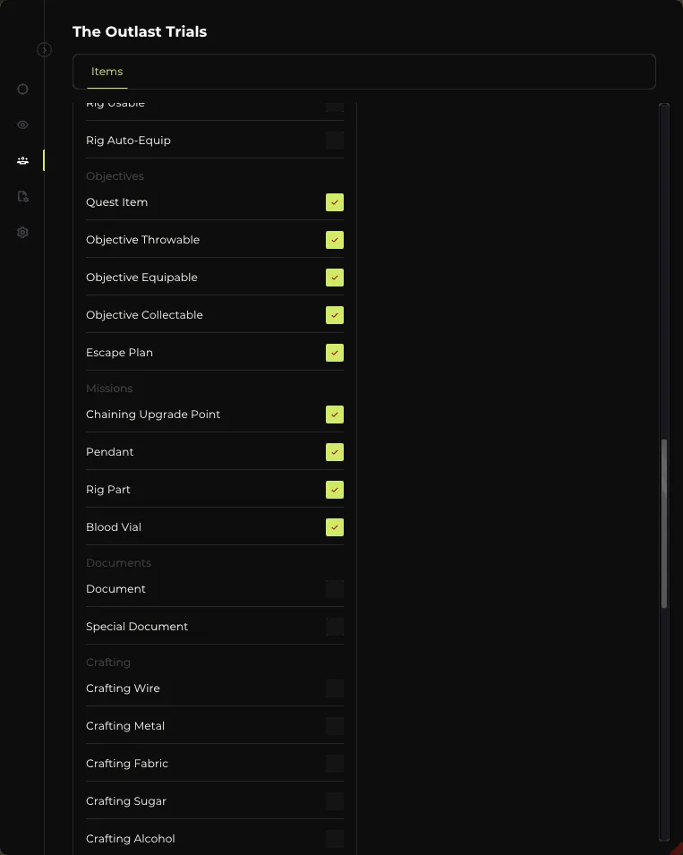 Elysium menu Item ESP tab: keys, lockpicks, throwables, rig items and objective item filters